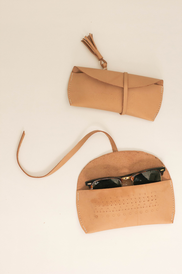 Creative Leather Crafts - Leather Sunglasses Case DIY - Best DIY Projects Made With Leather - Easy Handmade Do It Yourself Gifts and Fashion - Cool Crafts and DYI Leather Projects With Step by Step Tutorials http://diyjoy.com/diy-leather-crafts
