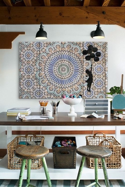 14. Bohemian Office with a Moroccan Tile Wall Art