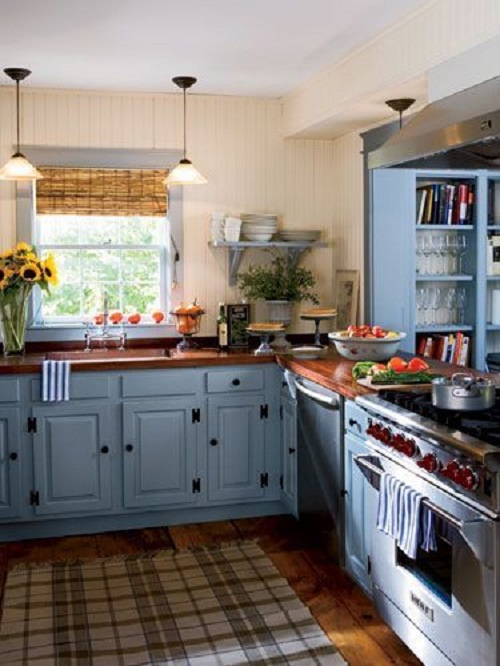 Soft Blue Cabinets with Mahogany Countertop