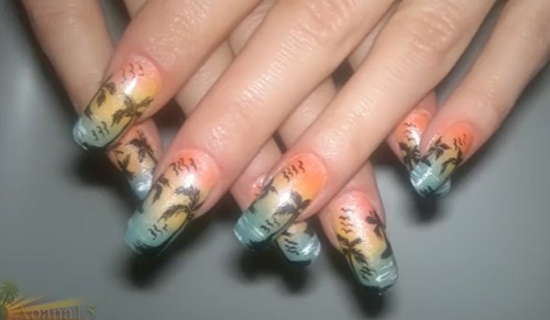 Glow in the Dark Tropical Palm Tree Sunset Nail Art