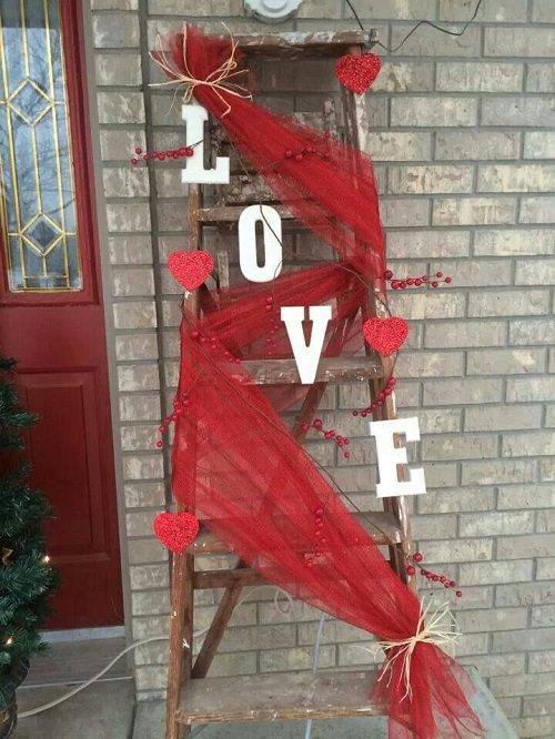 Valentines Ladder With Red Ruffled Burlap