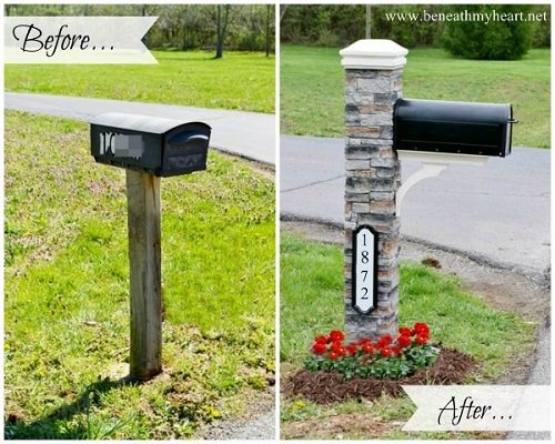 Stone Mailbox Post with a Red Flowerbed