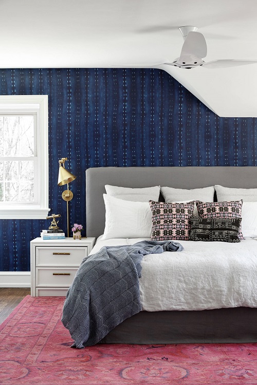 Bedroom with Navy Shibori Style Accent Wall
