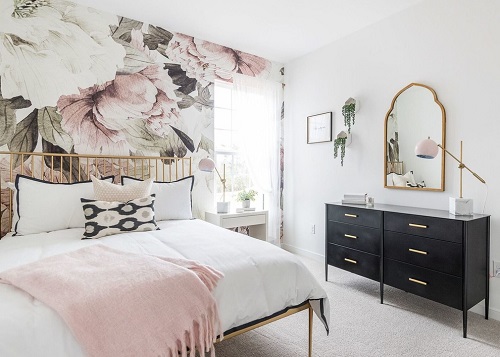 Floral Wall in a White and Gold Bedroom For a Feminine Vibe