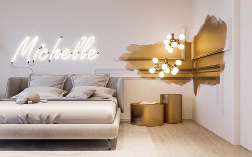Gilded Hanging Lights, Side Tables, and Artistic Wall