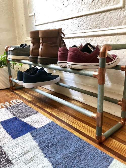 Wooden Dowel and Copper Shoe Storage Solution