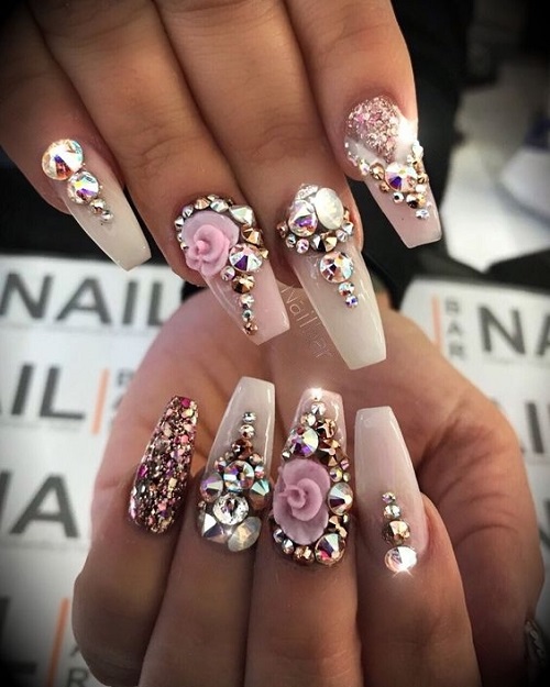 Jewels and Flowers on White Acrylic Nails