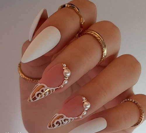 Royal Golden & White Nails With Diamonds