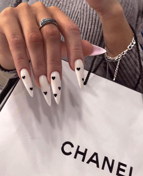White Nails With Black Hearts