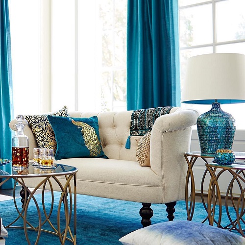 Peacock Blue Curtains and Rug with Gold Accents