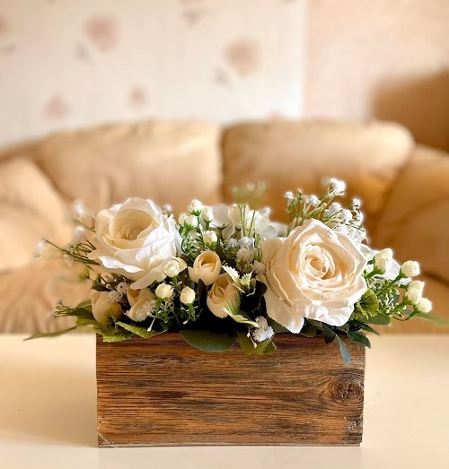 White Flowers in a Wooden Planter Box