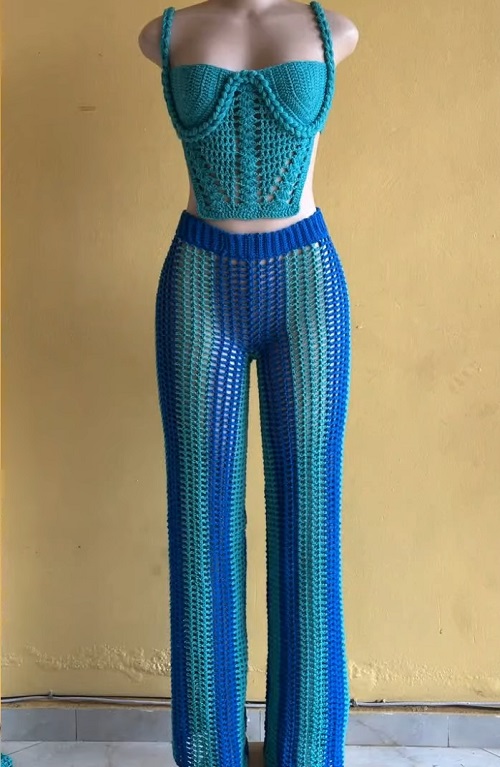 Crochet striped mesh pants and braided top