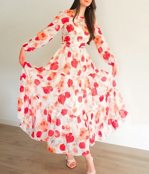 Maxi Chiffon Dress with Tiered Ruffle Skirt