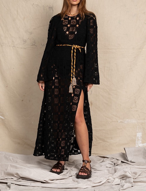 Crochet Flared Sleeve Maxi Dress in Black