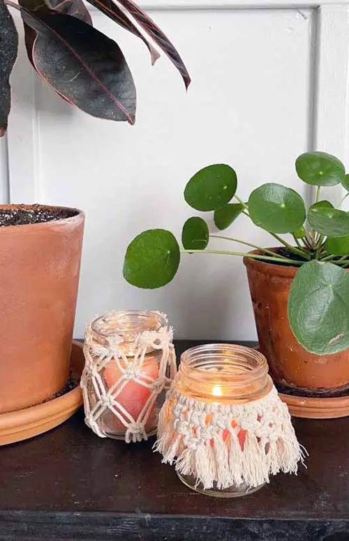 DIY Macrame Glass Jar Covers Made with Square Knots