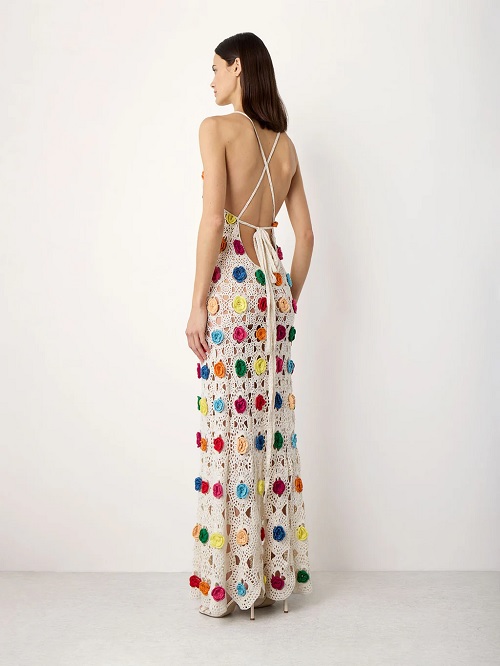crocheted colorblocked open-back maxi dress