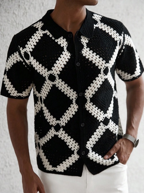 Manfinity CityGents Men's Boxy Fit Button Through Crochet Knit Shirt