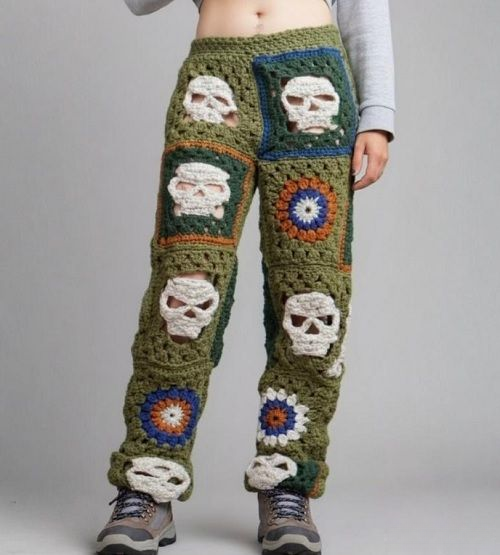 Crochet Gremlincore Skull and Flower Pants