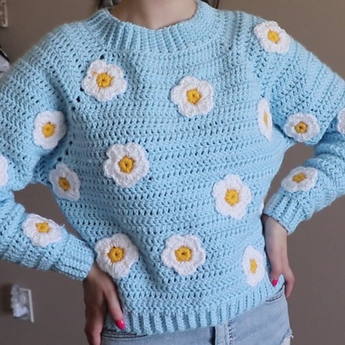 Crochet Raglan Flower Sweater