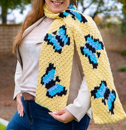 FREE C2C Butterfly Crochet Scarf Pattern with Hidden Pocket