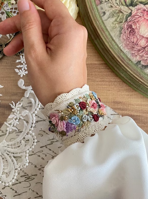 Handmade Embroidered Bracelet, Fabric Cuff Bracelet, Adjustable Bracelet, Floral Bracelet , Embroidered Bracelet , Gift for her