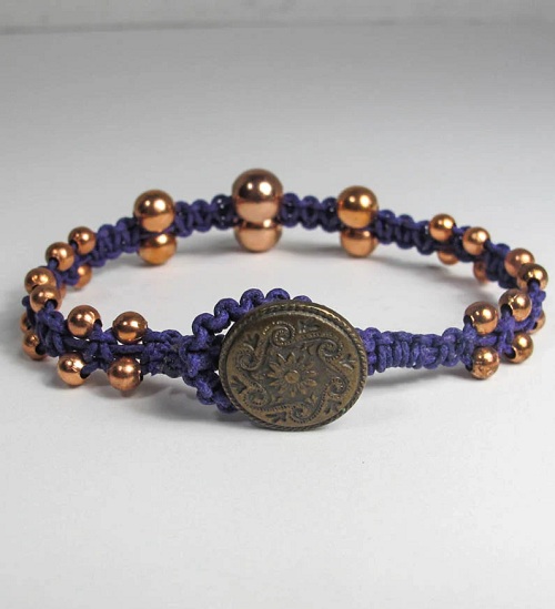 Double-Sided Macrame Bracelet with Graduated Metal Beads & Button Closure