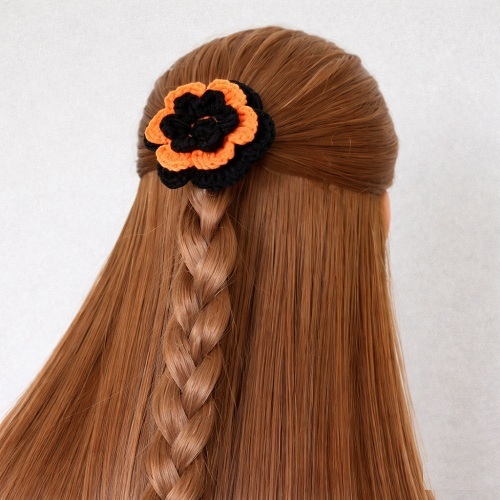 crochet-black-orange-flower-hair-tie