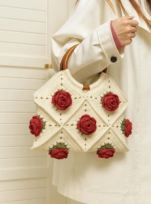 Crochet Rose Flower Granny Square Bag - Free Pattern