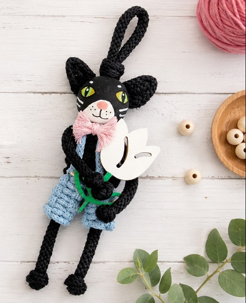 Cute Macrame Black Cat with a Tulip