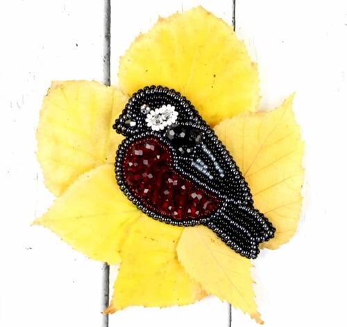 Bullfinch Bird Beaded Brooch